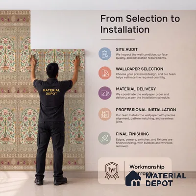 Gitanjali | Warm Beige Temple Arch Motif Traditional Look Wallpaper Canvas (Customised Size)