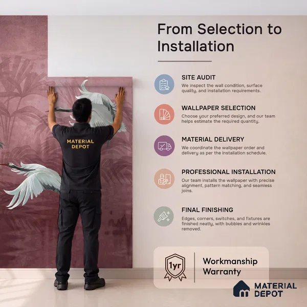 Musafir Beautiful Cranes Maroon Wallpaper Sukoon Series Handmade Abstract Design (Customised Size Wallpaper)