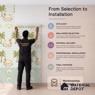 Pichwai Cows in Chevron | Sage Green Palm Tree Sheep Kids Look Wallpaper Handmade (Customised Size)