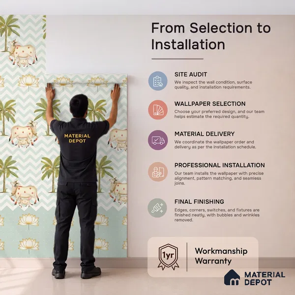 Pichwai Cows in Chevron | Sage Green Palm Tree Sheep Kids Look Wallpaper Handmade (Customised Size)