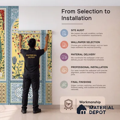 Shalimar Mughal Inspired Colorful Yellow | Mustard Yellow Peacock Border Traditional Look Wallpaper Handmade (Customised Size)