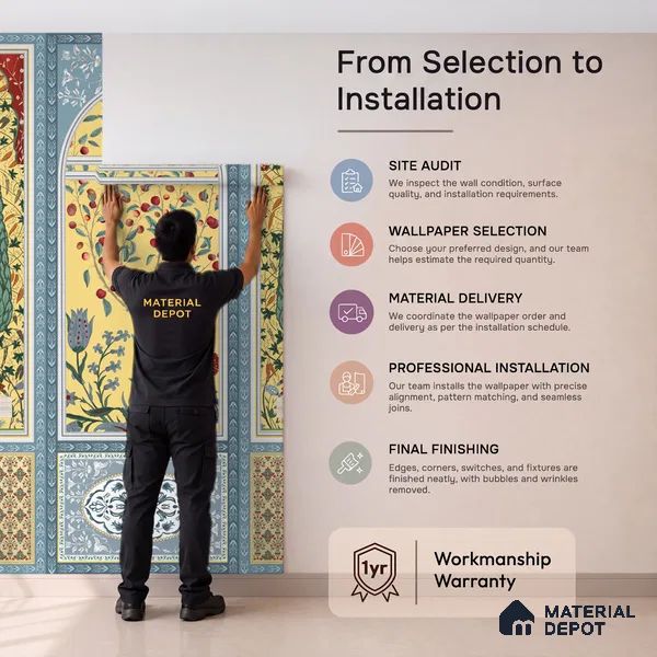 Shalimar Mughal Inspired Colorful Yellow | Mustard Yellow Peacock Border Traditional Look Wallpaper Handmade (Customised Size)