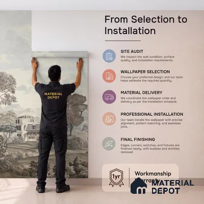 Sukoon | Charcoal Grey Toile Landscape Scenic Look Wallpaper Handmade (Customised Size)