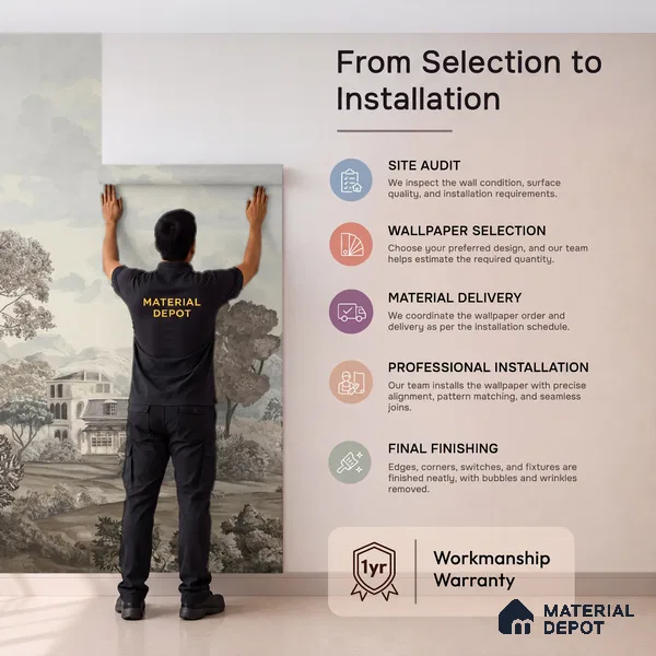Sukoon | Charcoal Grey Toile Landscape Scenic Look Wallpaper Handmade (Customised Size)