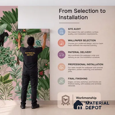 Tropical Tales: Deep Forest Wallpaper, Pink Sukoon Series Handmade Tropical Design (Customised Size Wallpaper)