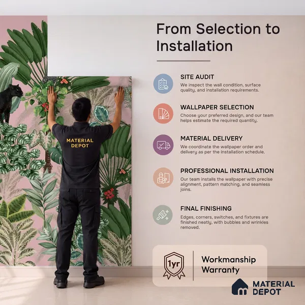 Tropical Tales: Deep Forest Wallpaper, Pink Sukoon Series Handmade Tropical Design (Customised Size Wallpaper)