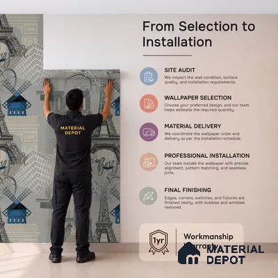 5129-2 | Charcoal Grey Paris Landmarks PVC Patterned Wallpaper - 5 Meter x 42 Inch, 57 Sq. Ft. (Min. 15% Wastage)