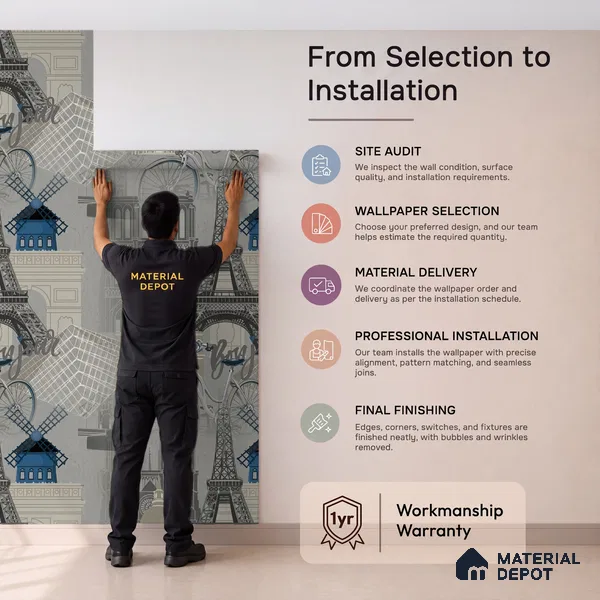 5129-2 | Charcoal Grey Paris Landmarks PVC Patterned Wallpaper - 5 Meter x 42 Inch, 57 Sq. Ft. (Min. 15% Wastage)