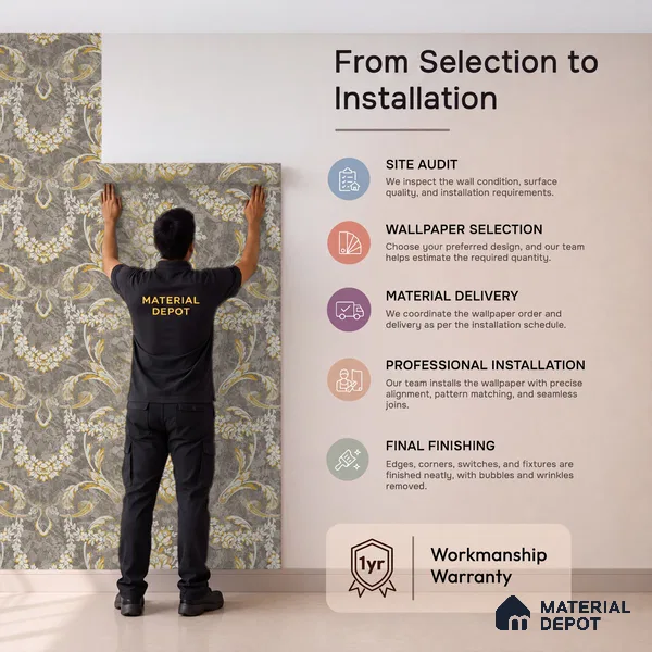 OR09-1 | Brown & Gold Floral Wreath Damask PVC Patterned Wallpaper - 5 Meter x 42 Inch, 57 Sq. Ft. (Min. 15% Wastage)
