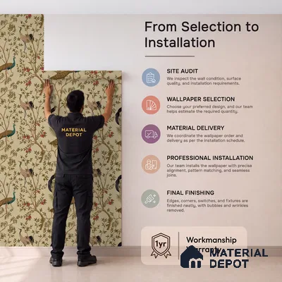 Chinoiserie Theme Wallpaper with Peacock, Khaki 10 Meter x 19.68 Inches Canvas Wallpaper - 54 Sq. Ft. | Minimum 15% wastage during installation