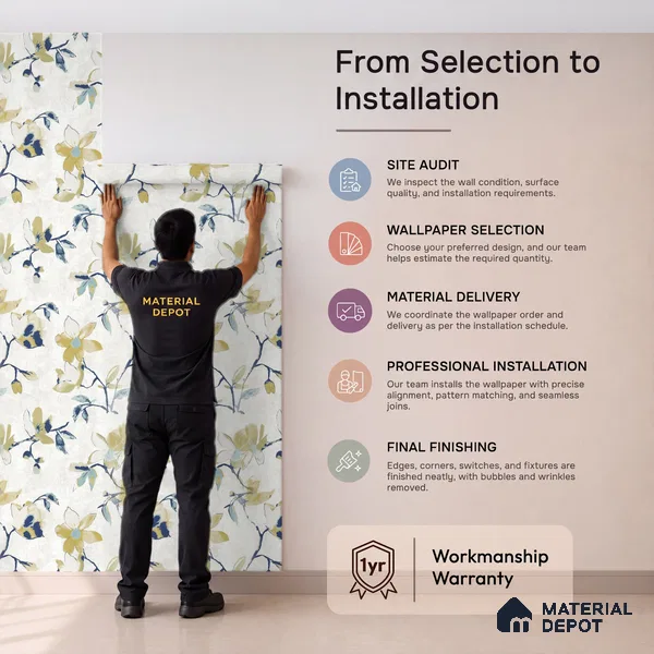 6019 | Mustard Navy Magnolia Branch Non Woven Floral Wallpaper - 10 Meter x 21 Inches, 57.41 Sq. Ft. (Min. 15% Wastage)