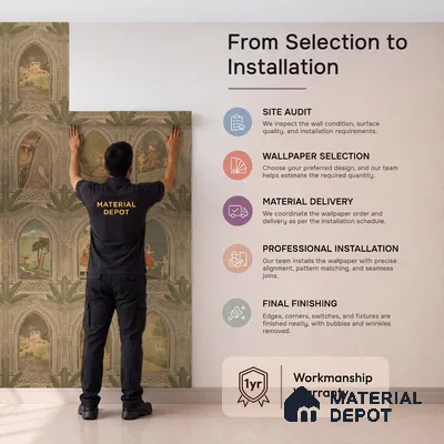 WP 03912 | Ramayan- Luxury | Warm Beige Palace Arch Gallery Traditional Look Wallpaper Canvas (Customised Size)