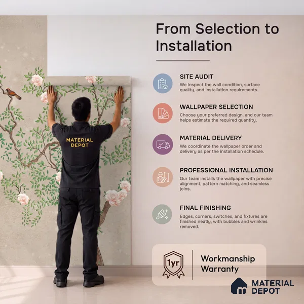 Warm Taupe Floral Branch Serenity Chinoserie Blossom Mural Art | WP 03939 B Canvas Texture Finish Chinoiserie Style luxurious Customized size Wallpaper | 250 GSM WP01CNF Paper | (MOQ = 30 Sq. Ft.) | Design change not possible