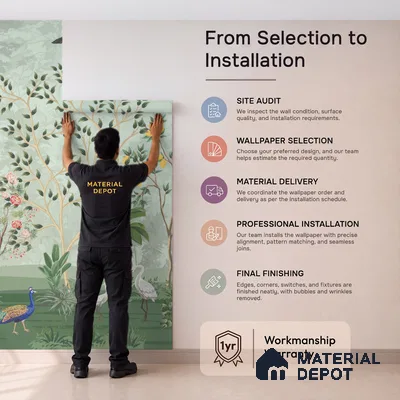 Green Orchard Court Mughal Tropics Chinoserie Mural | WP 03942 Non Woven Matte Finish Chinoiserie Style Premium Customized size Wallpaper | 150 GSM WP01MTF Paper | (MOQ = 30 Sq. Ft.)