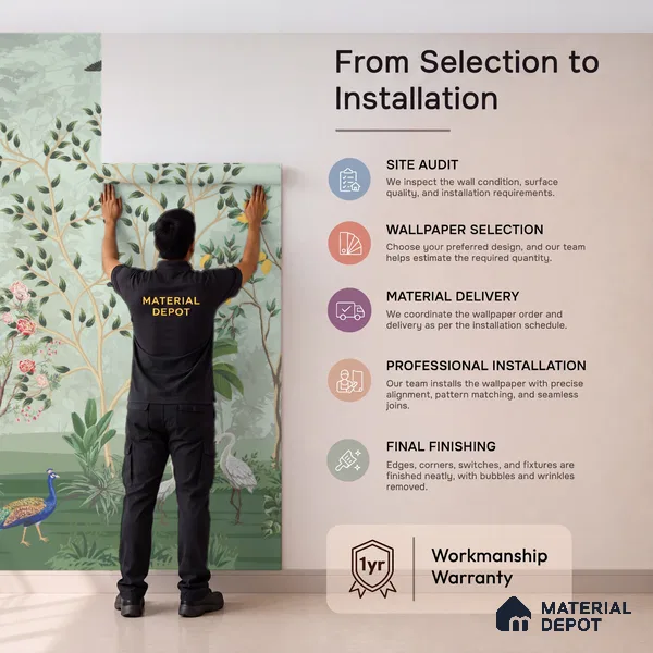 Green Orchard Court Mughal Tropics Chinoserie Mural | WP 03942 Non Woven Matte Finish Chinoiserie Style Premium Customized size Wallpaper | 150 GSM WP01MTF Paper | (MOQ = 30 Sq. Ft.)