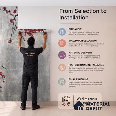 Steel Grey Crimson Blossom Branches Chinoserie Mural Art | WP 03943 Non Woven Matte Finish Chinoiserie Style Premium Customized size Wallpaper | 150 GSM WP01MTF Paper | (MOQ = 30 Sq. Ft.) | Design change not possible