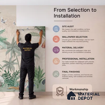 Palm Canopy Bird Haven Dreamy Artistic | WP 03955 Non Woven Matte Finish Tropical Style Premium Customized size Wallpaper | 150 GSM WP01MTF Paper | (MOQ = 30 Sq. Ft.)
