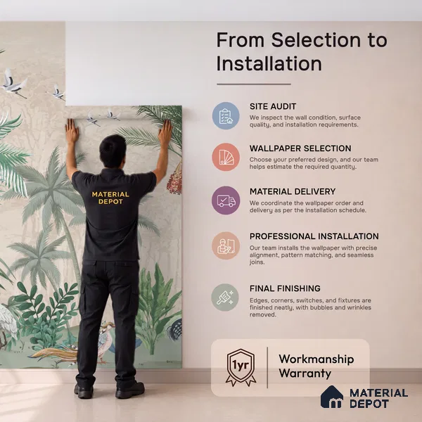 Palm Canopy Bird Haven Dreamy Artistic | WP 03955 Non Woven Matte Finish Tropical Style Premium Customized size Wallpaper | 150 GSM WP01MTF Paper | (MOQ = 30 Sq. Ft.)
