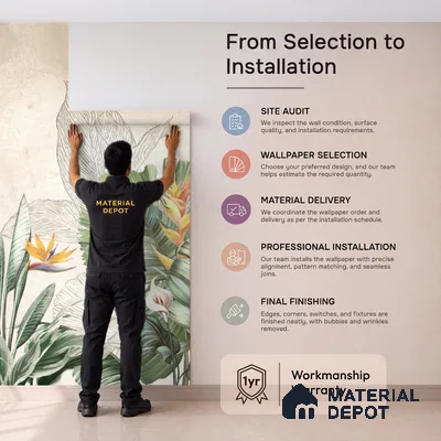 Illustrated Tropical Canopy with Birds Leafy Hues Botanical Wall Art | WP 03962 Non Woven Matte Finish Tropical Style Premium Customized size Wallpaper | 150 GSM WP01MTF Paper | (MOQ = 30 Sq. Ft.) | Design change not possible