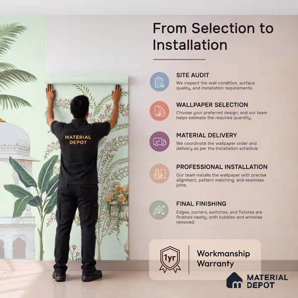 Peacock Pavilion Garden Artistic Charm Designer | WP 03968 Non Woven Matte Finish Chinoiserie Style Premium Customized size Wallpaper | 150 GSM WP01MTF Paper | (MOQ = 30 Sq. Ft.)