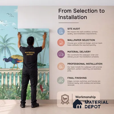 Azure Peacock Terrace Dreamy Artistic | WP 03969 Non Woven Matte Finish Tropical Style Premium Customized size Wallpaper | 150 GSM WP01MTF Paper | (MOQ = 30 Sq. Ft.)