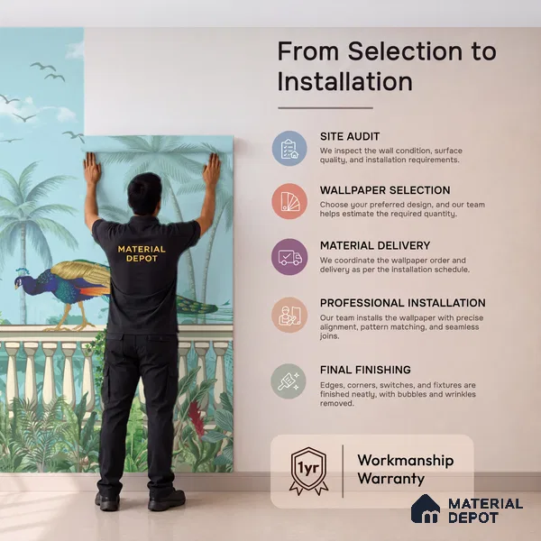 Azure Peacock Terrace Dreamy Artistic | WP 03969 Non Woven Matte Finish Tropical Style Premium Customized size Wallpaper | 150 GSM WP01MTF Paper | (MOQ = 30 Sq. Ft.)
