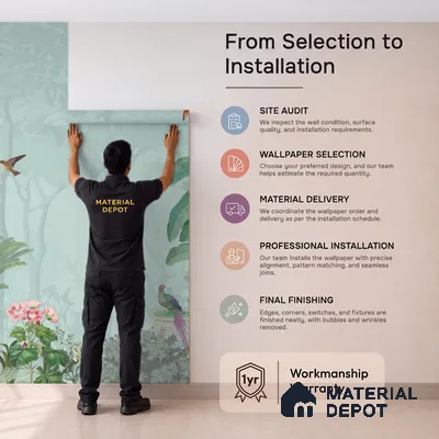 Serene Pavilion Peacock Garden Dreamy Artistic | WP 03979 Non Woven Matte Finish Tropical Style Premium Customized size Wallpaper | 150 GSM WP01MTF Paper | (MOQ = 30 Sq. Ft.)