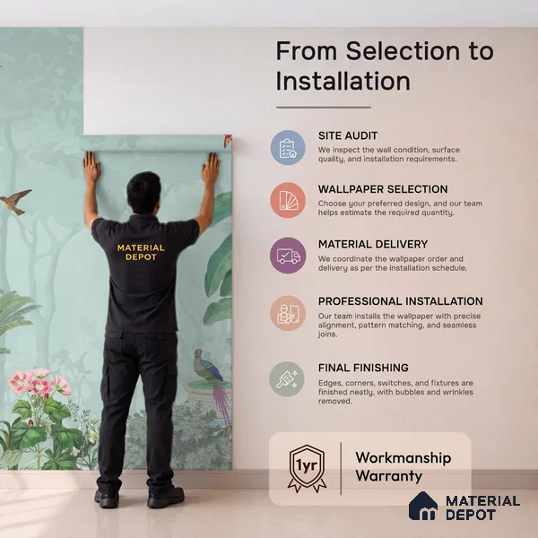 Serene Pavilion Peacock Garden Dreamy Artistic | WP 03979 Non Woven Matte Finish Tropical Style Premium Customized size Wallpaper | 150 GSM WP01MTF Paper | (MOQ = 30 Sq. Ft.)