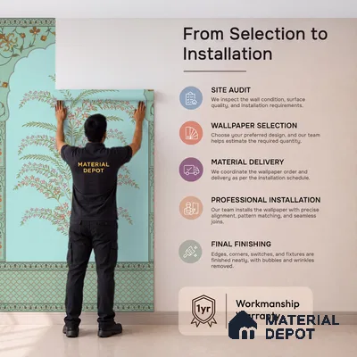 Celestial Jharokha Peacock Court Artistic Charm Designer | WP 03982 Non Woven Matte Finish Tropical Style Premium Customized size Wallpaper | 150 GSM WP01MTF Paper | (MOQ = 30 Sq. Ft.)