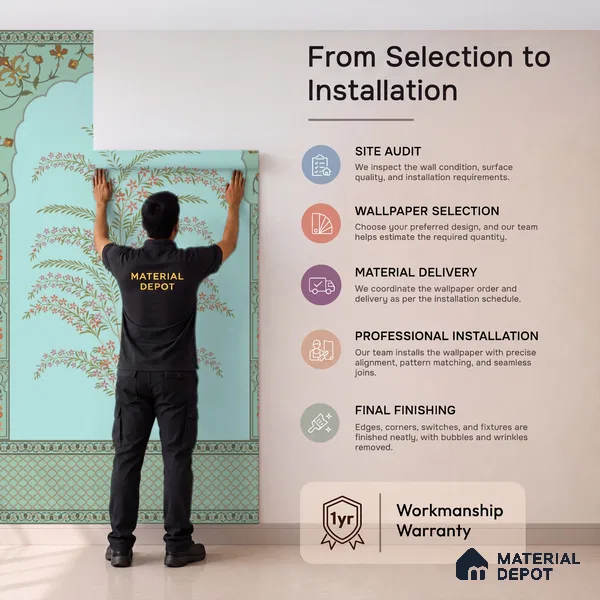 Celestial Jharokha Peacock Court Artistic Charm Designer | WP 03982 Non Woven Matte Finish Tropical Style Premium Customized size Wallpaper | 150 GSM WP01MTF Paper | (MOQ = 30 Sq. Ft.)