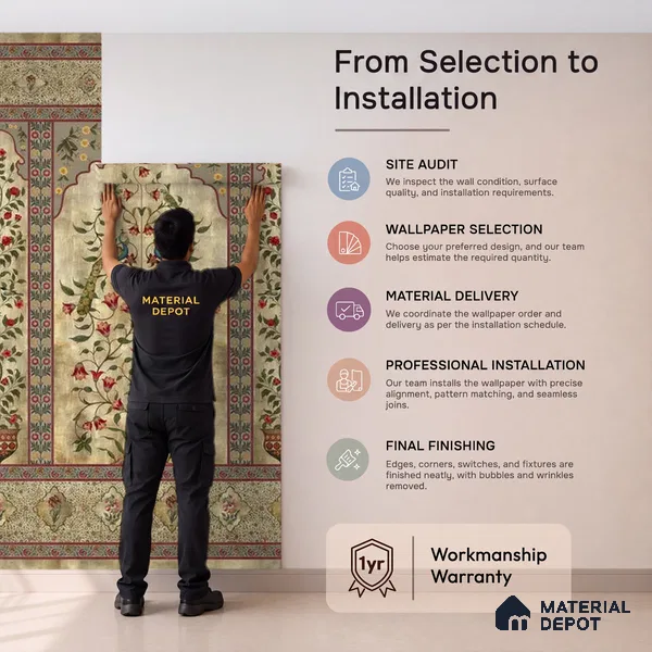 Madhuban Indian Floral Jharoka Canvas Wallpaper in Suneherii Collection Golden (Customized Size Wallpaper)