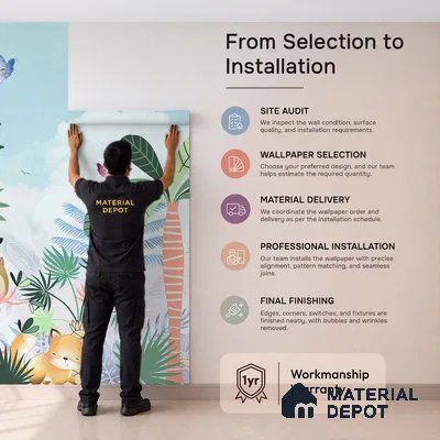 Friends Who Live Between Leaves Jungle Animals Gathering | WP 04041 B Non Woven Matte Finish Animal Print Style Premium Customized size Wallpaper | 150 GSM WP01MTF Paper | (MOQ = 30 Sq. Ft.) | Design change not possible