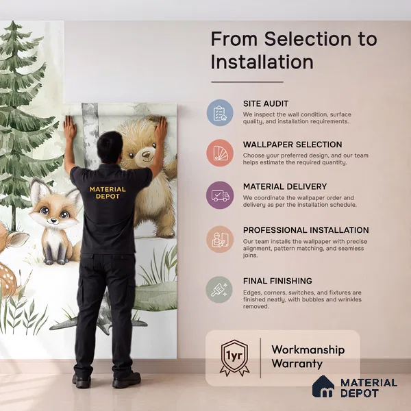 Gentle Side of the Woods Teddy And Deer In Snowy Landscape | WP 04045 B Non Woven Matte Finish Animal Print Style Premium Customized size Wallpaper | 150 GSM WP01MTF Paper | (MOQ = 30 Sq. Ft.) | Design change not possible
