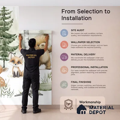 Gentle Side of the Woods Teddy And Deer In Snowy Landscape | WP 04045 Canvas Texture Finish Animal Print Style luxurious Customized size Wallpaper | 250 GSM WP01CNF Paper | (MOQ = 30 Sq. Ft.) | Design change not possible