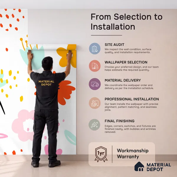 Flowers That Like to Dance Colorful Illustration | WP 04055 B Non Woven Matte Finish Florals Style Premium Customized size Wallpaper | 150 GSM WP01MTF Paper | (MOQ = 30 Sq. Ft.)