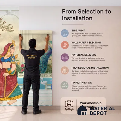 Rajangan - Palace Garden Murals Saffron Print | WP 04172 Non Woven Matte Finish Indian Style Premium Customized size Wallpaper | 150 GSM WP01MTF Paper | (MOQ = 30 Sq. Ft.) | Design change not possible