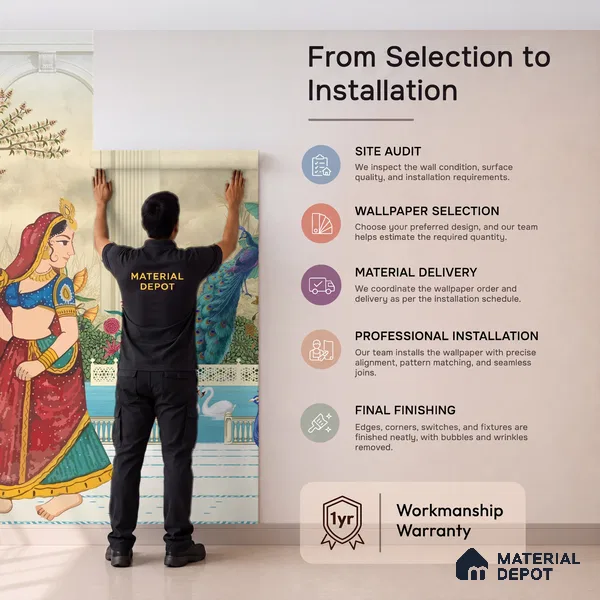 Rajangan - Palace Garden Murals Saffron Print | WP 04172 Non Woven Matte Finish Indian Style Premium Customized size Wallpaper | 150 GSM WP01MTF Paper | (MOQ = 30 Sq. Ft.) | Design change not possible
