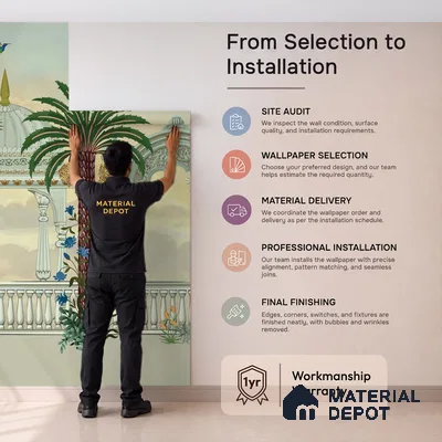 Garden of Palms Motif Art | WP 04185 Non Woven Matte Finish Indian Style Premium Customized size Wallpaper | 150 GSM WP01MTF Paper | (MOQ = 30 Sq. Ft.)