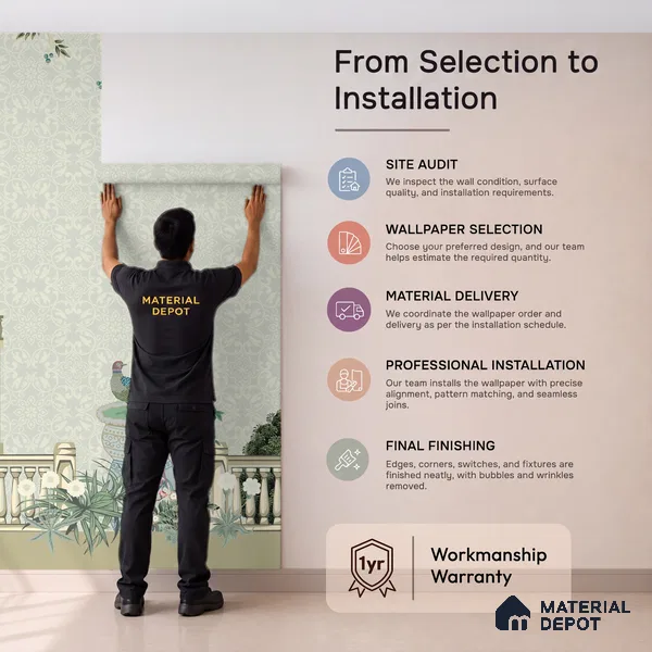 Peacocks of the Royal Garden Pattern | WP 04187 Non Woven Matte Finish Indian Style Premium Customized size Wallpaper | 150 GSM WP01MTF Paper | (MOQ = 30 Sq. Ft.)
