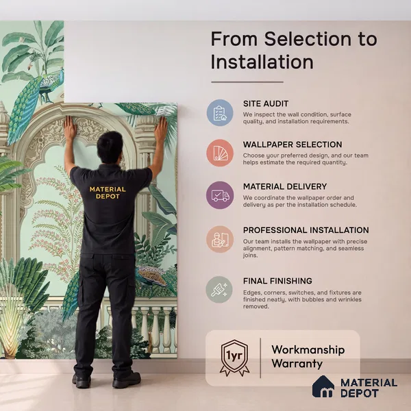 Peacocks of the Inner Court | WP 04196 B Canvas Texture Finish Indian Style luxurious Customized size Wallpaper | 250 GSM WP01CNF Paper | (MOQ = 30 Sq. Ft.)
