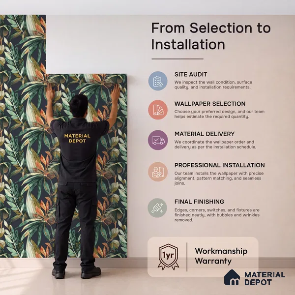 A71202 | Navy Palm Leaves Floral Wallpaper - 10 Meter x 21 Inches, 57.37 Sq. Ft. (Min. 15% Wastage)