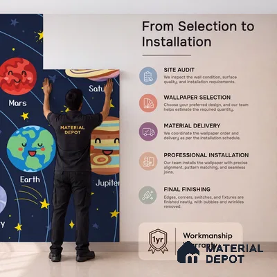 Cute Cartoon Planets and Sun Wallpaper Learning Space Print for Kids | WP 05244 B Non Woven | 150 GSM WP01MTF Paper | (MOQ = 30 Sq. Ft.)