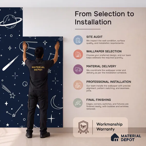 Hand-Drawn Doodle Sketch of Stars Wallpaper Planets and Galaxy Wonders | WP 05245 B Non Woven | 150 GSM WP01MTF Paper | (MOQ = 30 Sq. Ft.)
