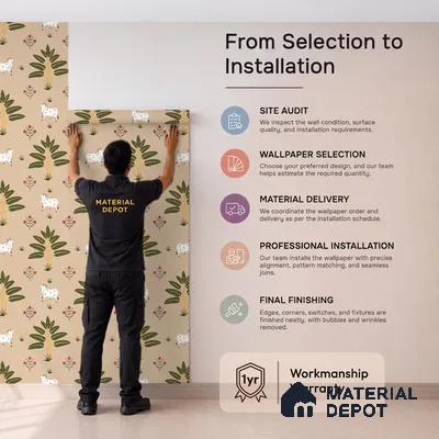 Ethnic Pichwai Cow Wallpaper Amidst Lush Banana Trees and Sacred Harmony | WP 05252 Canvas | 250 GSM WP01CNF Paper | (MOQ = 30 Sq. Ft.)
