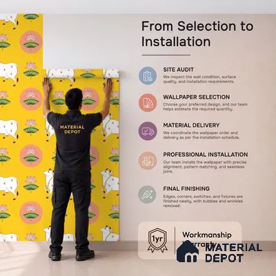 Golden Radiance Pichwai Cow and Lotus Motif Wallpaper on Vibrant Yellow Canvas | WP 05254 B Non Woven | 150 GSM WP01MTF Paper | (MOQ = 30 Sq. Ft.)