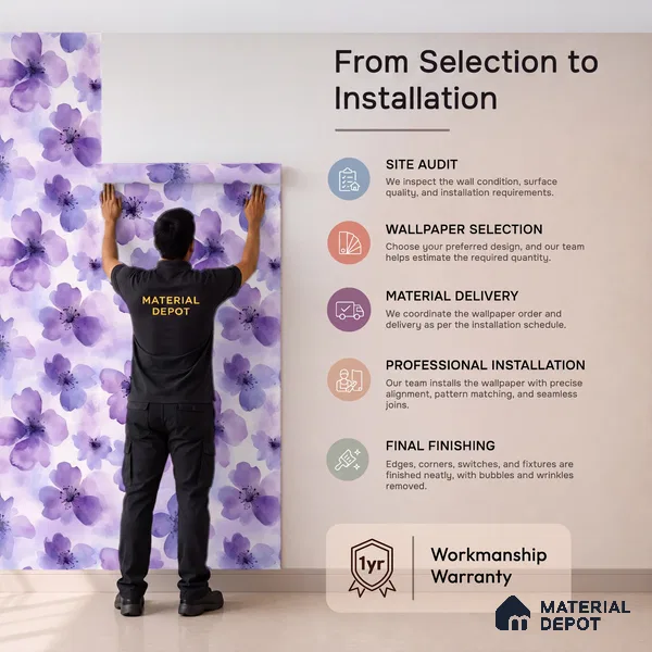 Purple Watercolor Blossoms Wallpaper Flowing Gracefully Across a Soft Pastel Background | WP 05276 B Non Woven | 150 GSM WP01MTF Paper | (MOQ = 30 Sq. Ft.)