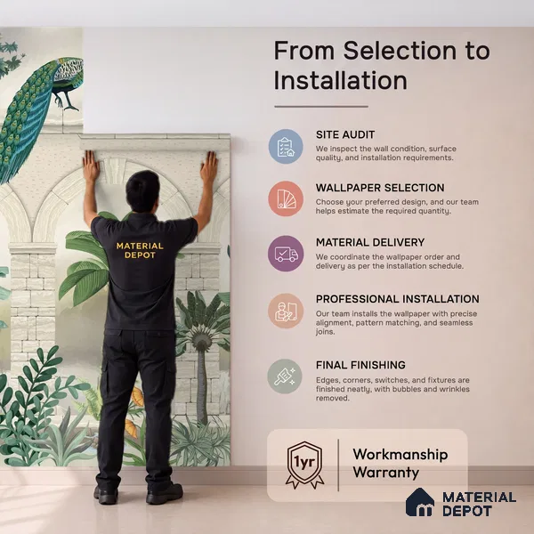 Traditional Mughal Wall Mural Wallpaper of Tropical Plants Birds and Peacock | WP 05283 Canvas | 250 GSM WP01CNF Paper | (MOQ = 30 Sq. Ft.)