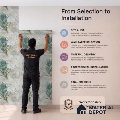 MH 212 | Beige Peacock Feather Emblem Marble Patterned Wallpaper - 10 Meter x 21 Inches, 57.37 Sq. Ft.