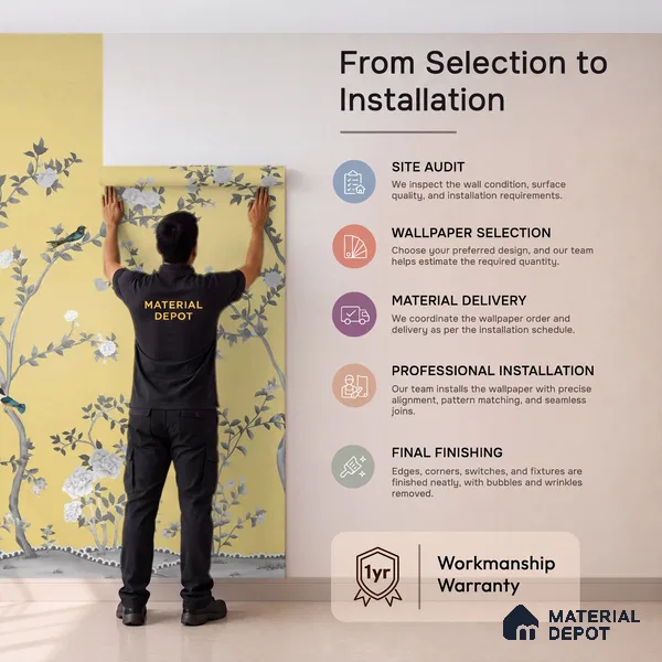 Aura in the Garden, Yellow Chinoiserie Handmade Wallpaper