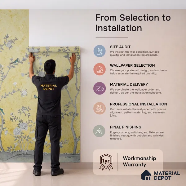 Yellow Aura in the Garden, Luxury Chinoiserie Wallcovering Sukoon Series Handmade Chinoserie Design (Customised Size Wallpaper)
